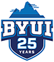 Logo of BYUI celebrating 25 years, featuring a mountain graphic and bold lettering.